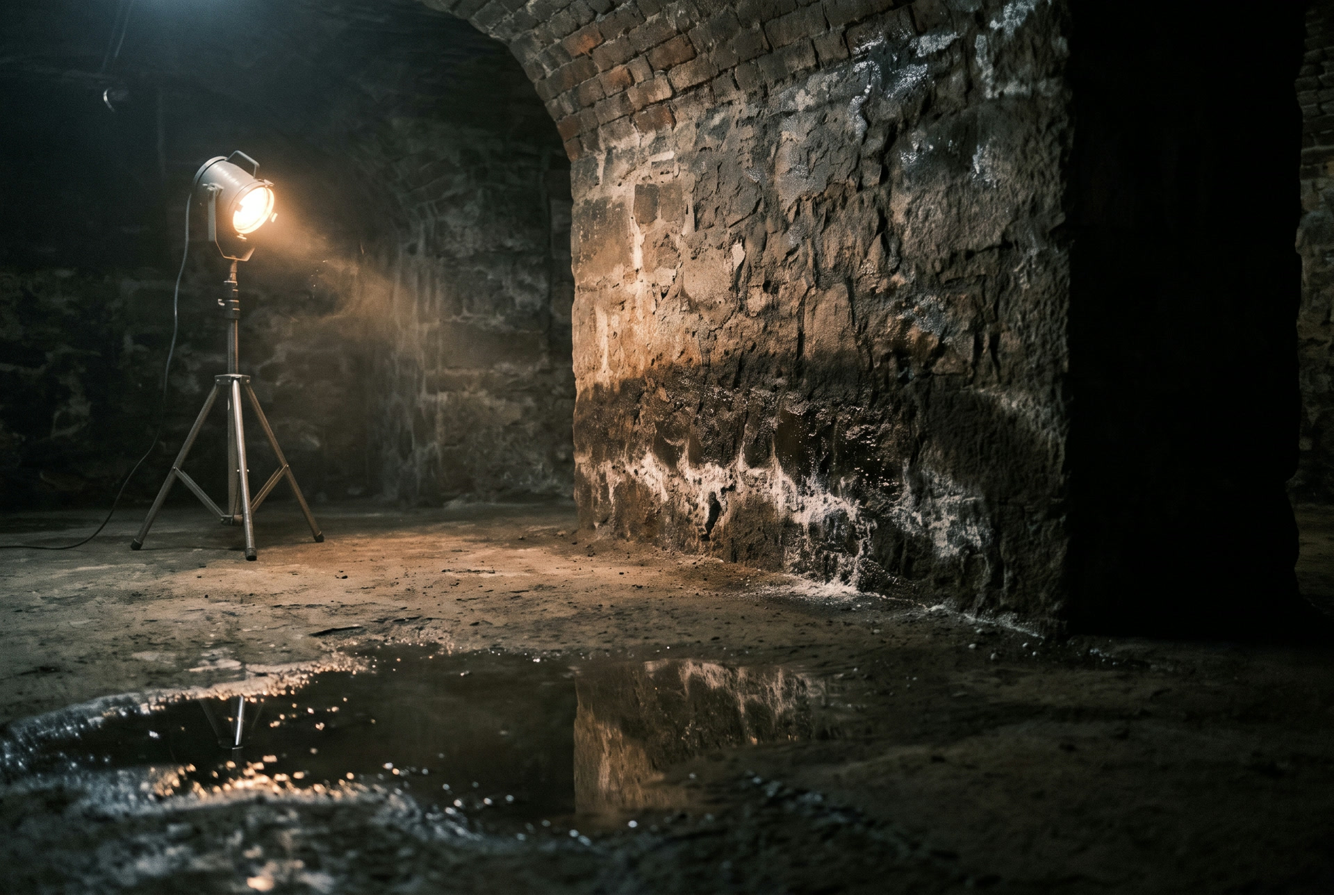 Cave en brique éclairée par une lampe de chantier, illustration